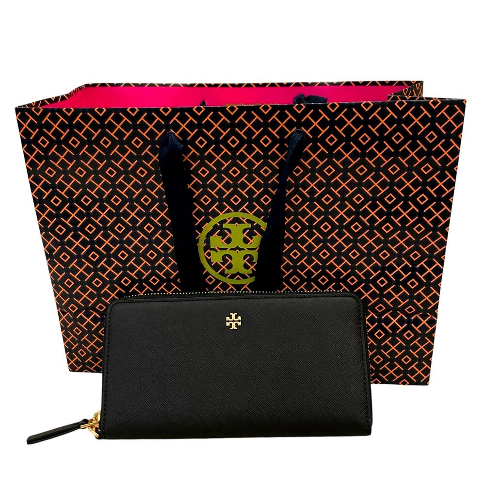 TORY BURCH Emerson Wristlet Zip Continental Wallet Saffiano Leather Black NEW